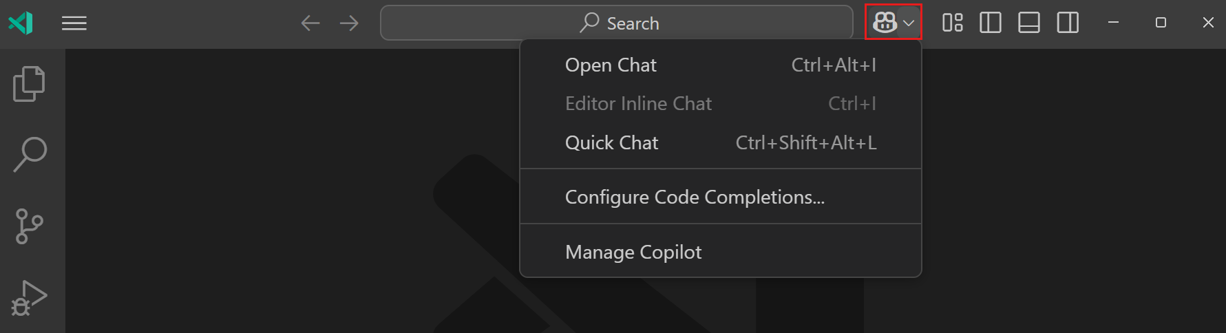 Screenshot of VS Code editor, showing the Copilot Chat view, highlighting the chat menu in the Command Center.