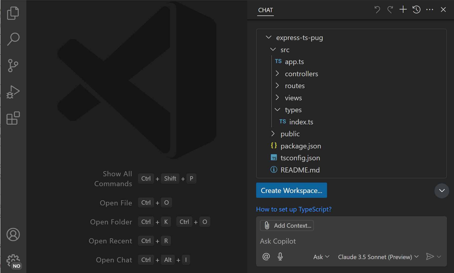 Screenshot of VS Code Copilot Chat view, showing a file tree for a new workspace and a 'Create Workspace' button.